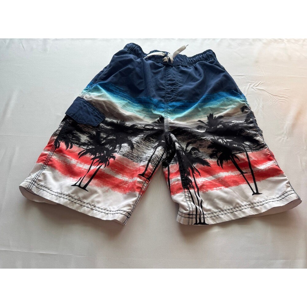 Okanu Brand, Blue & Red Striped Swim Trunks W/Tropical Print, Boy’s (Sz L 14/16) - Picture 2 of 7